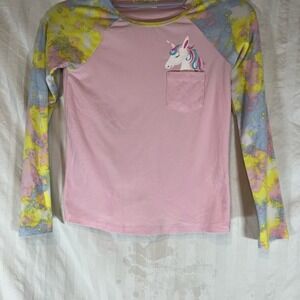 Bobbie Brooks Girls Pink Unicorn Pocket Raglan Long Sleeve Shirt Size 7/8